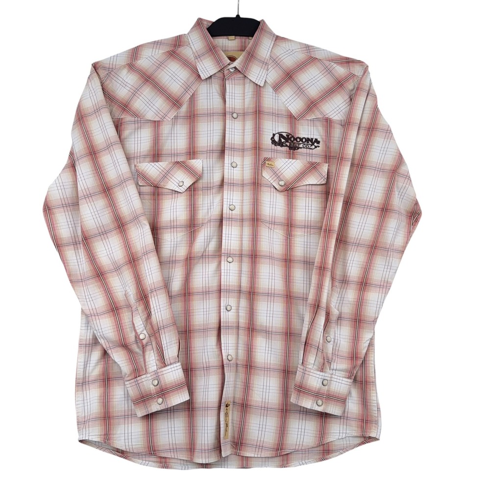 Larry Mahan Mens Large Nocona Belt Co Western Pearl Snap Plaid Shirt Tan Red‎